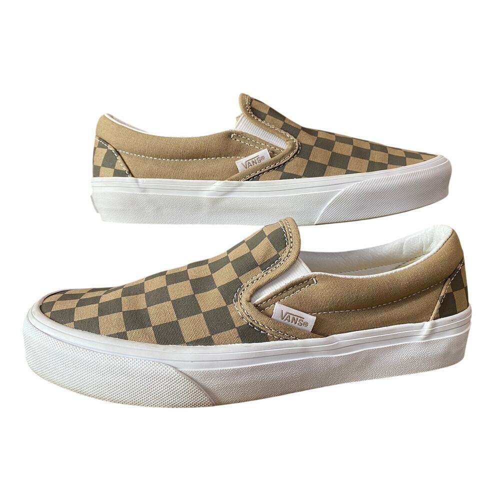 Vans Classic Slip-On Brown Tan Checkerboard Canvas Women's 6.5 Men's 5 LIKE NEW